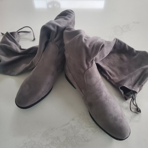 New Beston Grey Faux Suede Women's Pull On Over the Knee Stretch Boots  10 - Picture 1 of 14